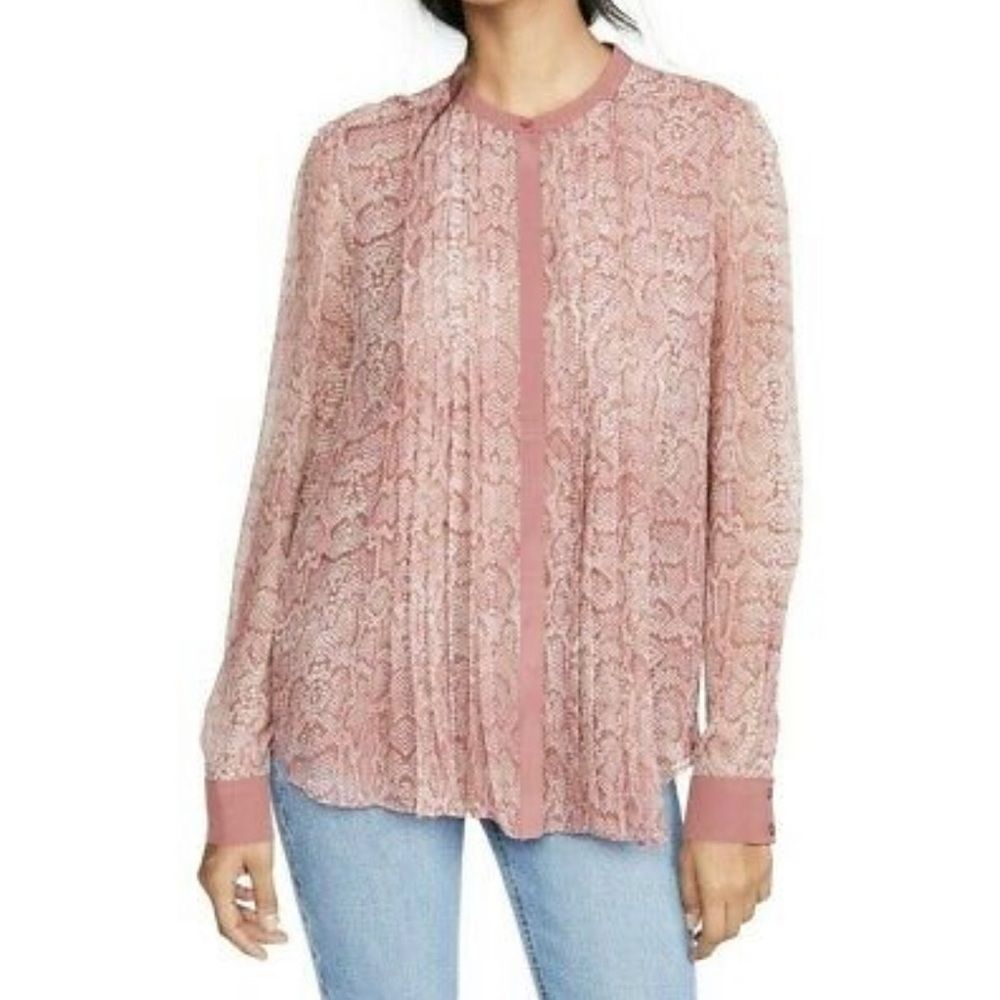 Joie Tessa pink snake print pleated long sleeve silk blouse